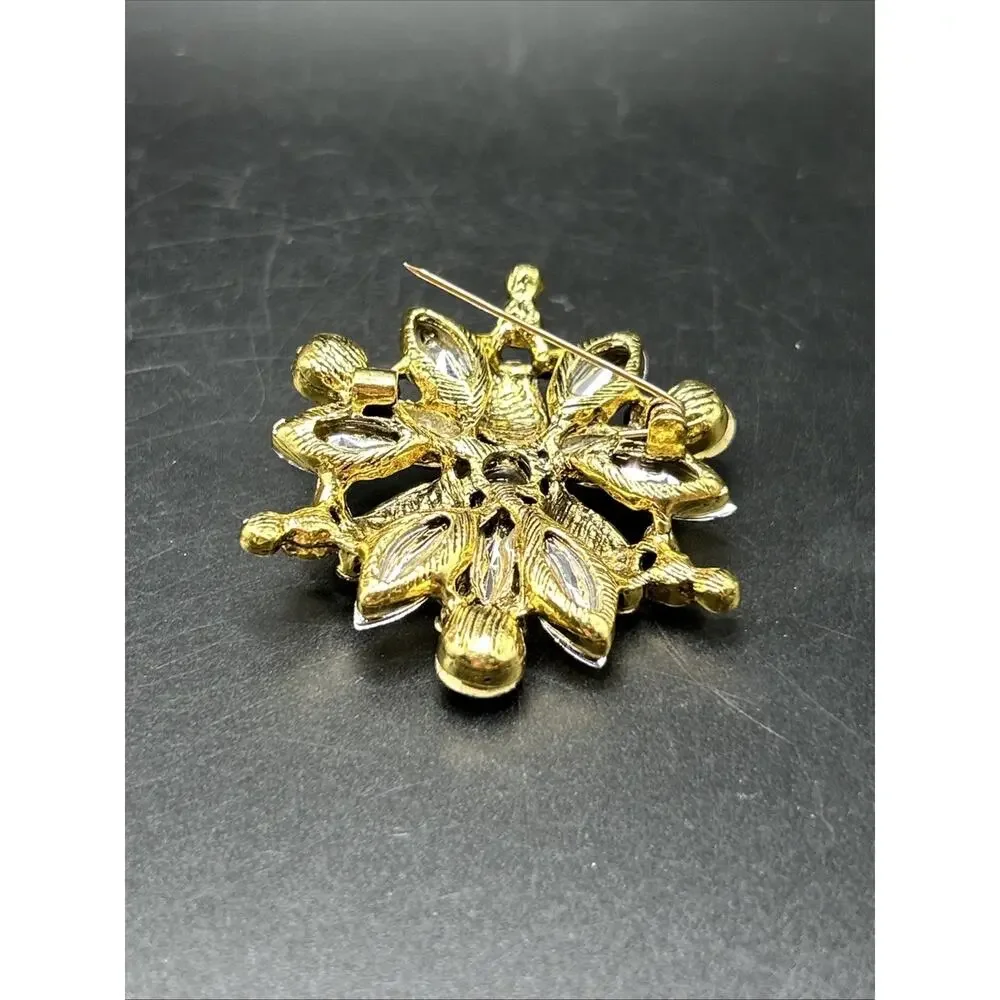 Modern Flower Starburst Pin Brooch Gold tone 1 3/4” Long Amber Color Rhinestones